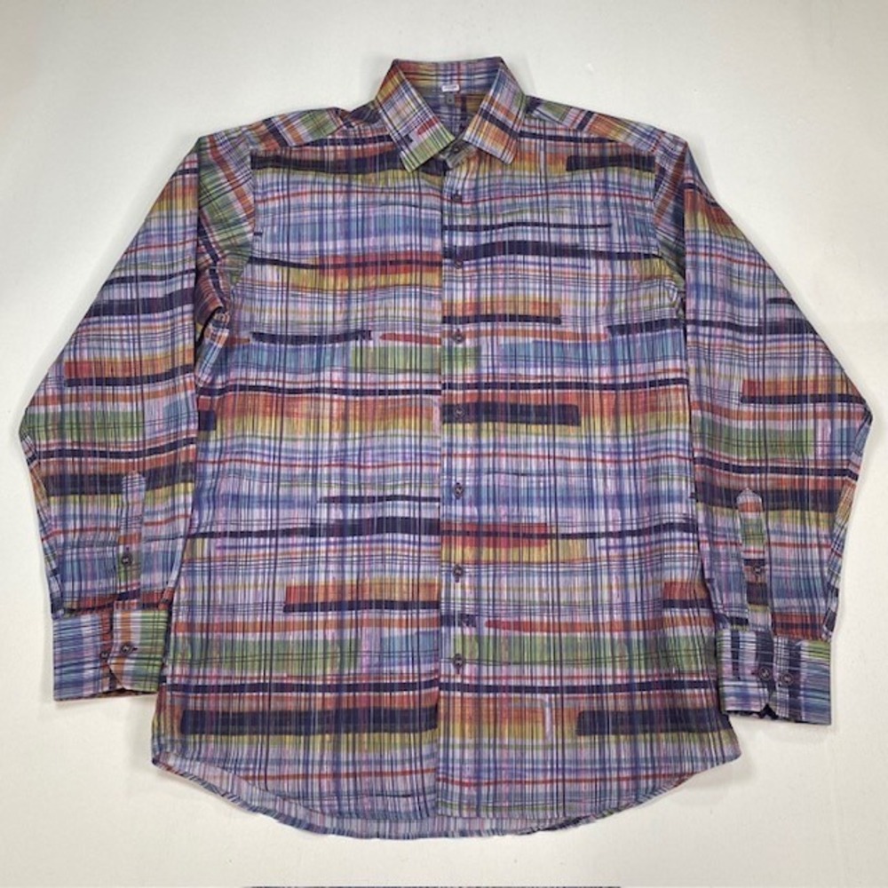 Visconti Black Mens Medium Button Down Shirt Multicolor‎ Abstract Plaid Textured